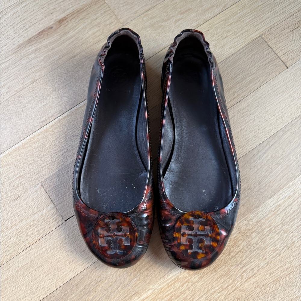 Tory Burch Minnie Travel Ballet Flat Tortoise Patent Leather Size 8.5